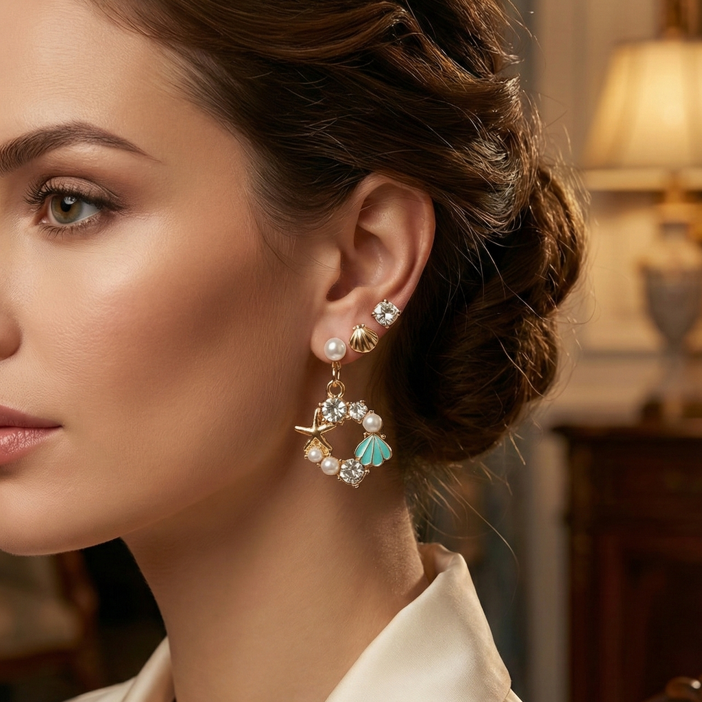 Close-up of a woman wearing elegant earrings with a blurred background